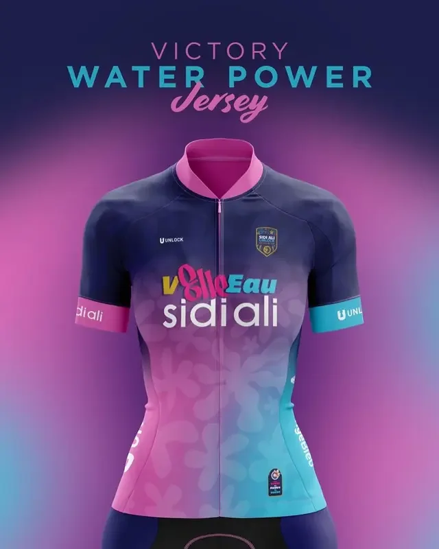 SIDI ALI UNLOCK Victory Water Power jersey presentation in navy, pink and turquoise